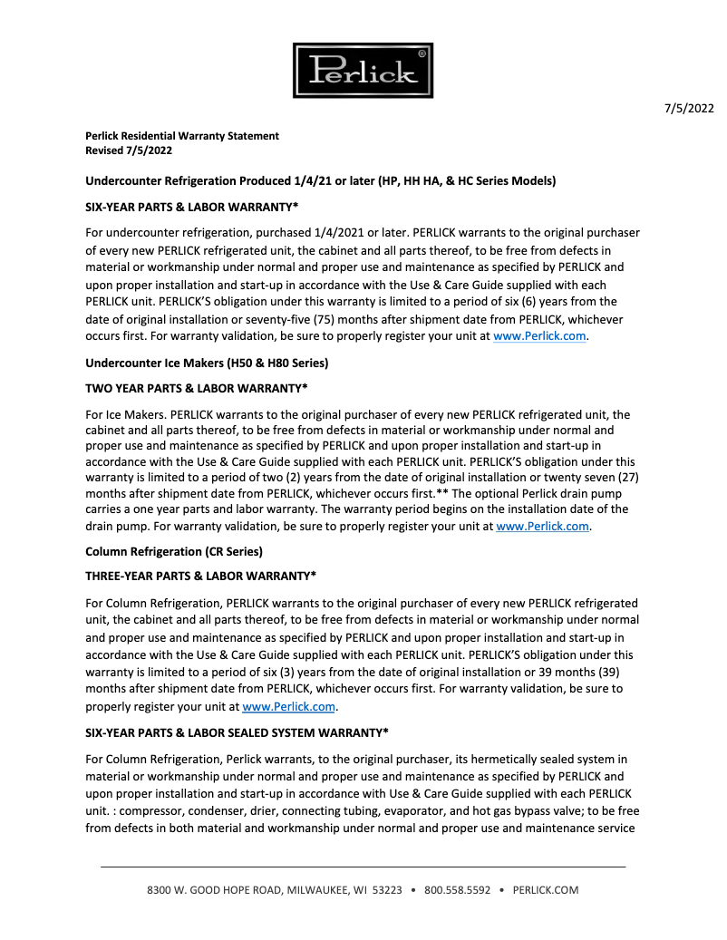 Page 1 of the manual Warranty Information Perlick CR24R-1-2R