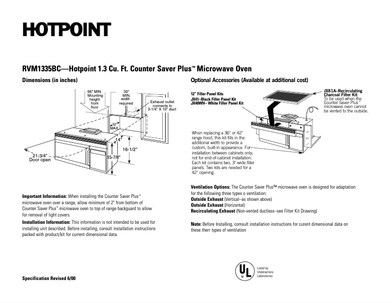 Page 1 of the manual Technical Sheet Hotpoint CounterSaver Plus RVM1335BC