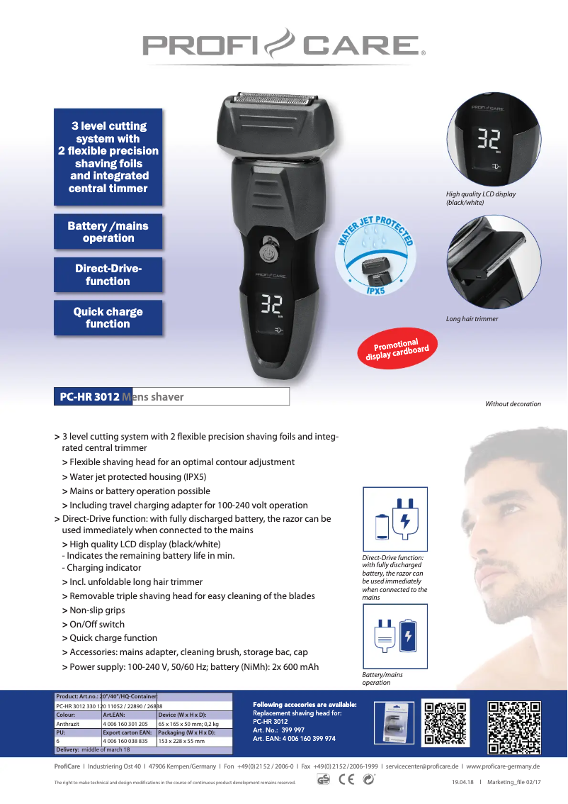 Page 1 de la notice Fiche technique ProfiCare PC-HR 3012