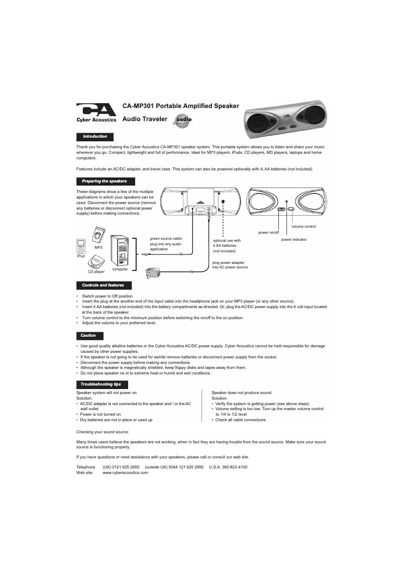 Page 1 of the manual User Manual Cyber Acoustics CA-MP301