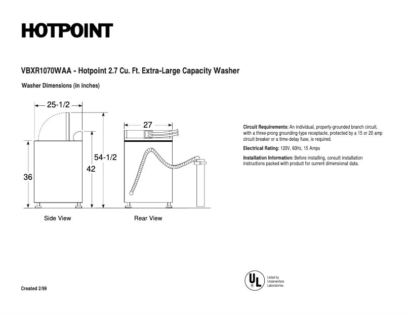 Page 1 of the manual Technical Sheet Hotpoint VBXR1070WAA