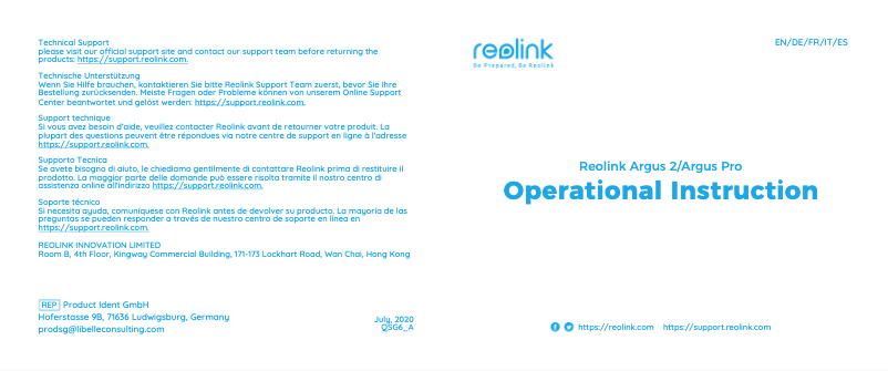 Page 1 of the manual User Manual Reolink Argus 2