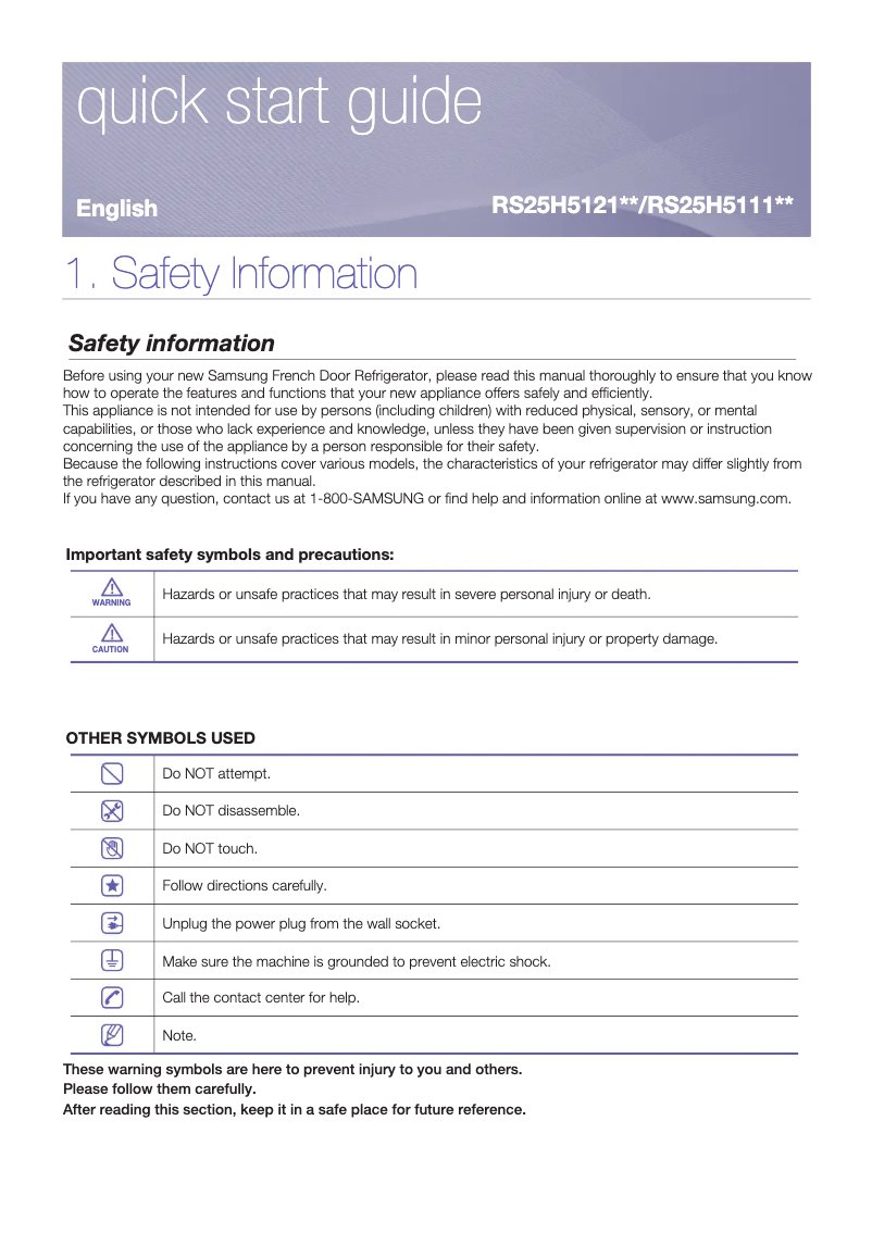 First page image of the manual for RS25H5113SL