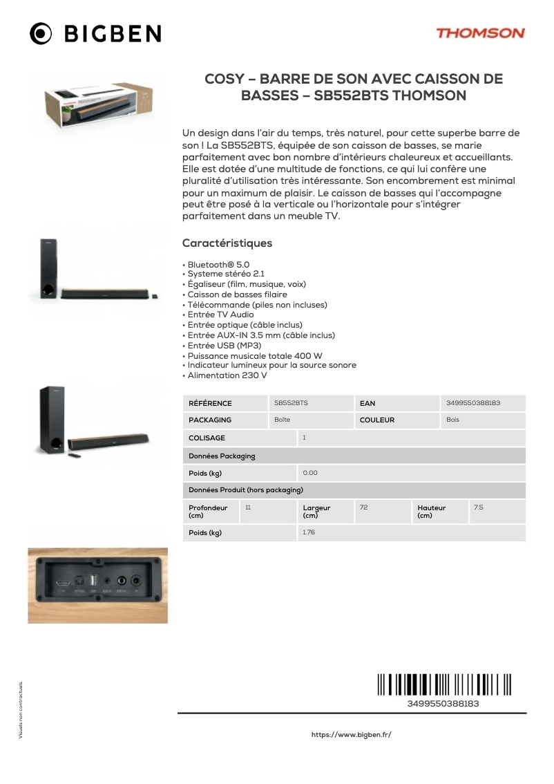 Page 1 of the manual Technical Sheet Thomson SB552BTS