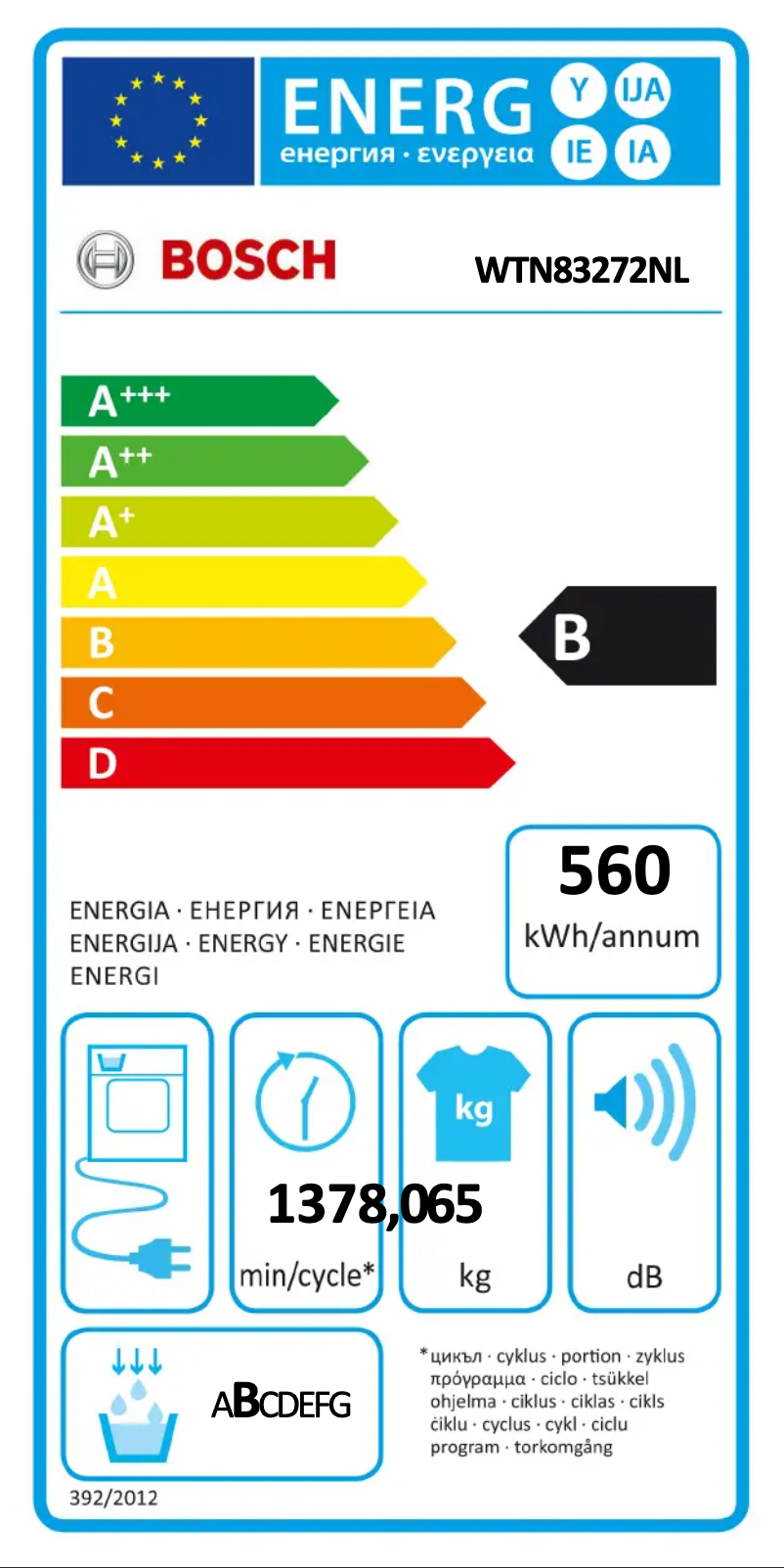 Page 1 of the manual Energy Label Bosch Serie 4 WTN83272NL