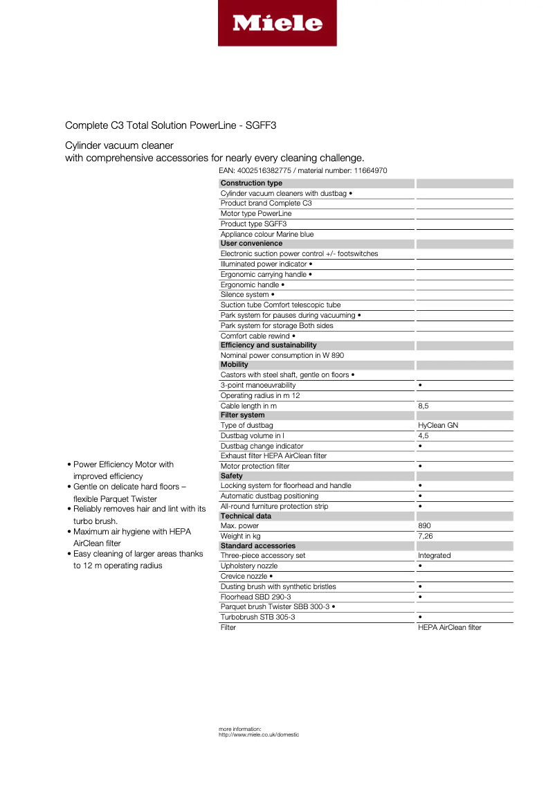 Page 1 of the manual Technical Sheet Miele Complete C3 Total Solution PowerLine