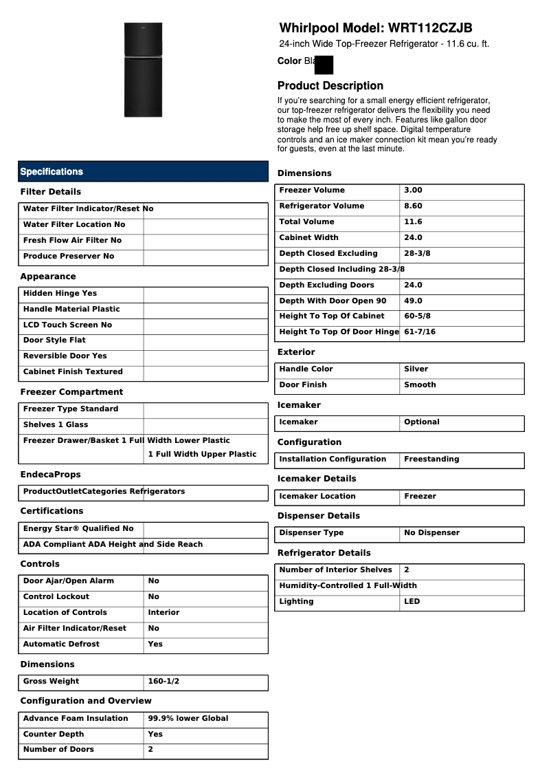Page 1 of the manual Technical Sheet Whirlpool WRT112CZJB