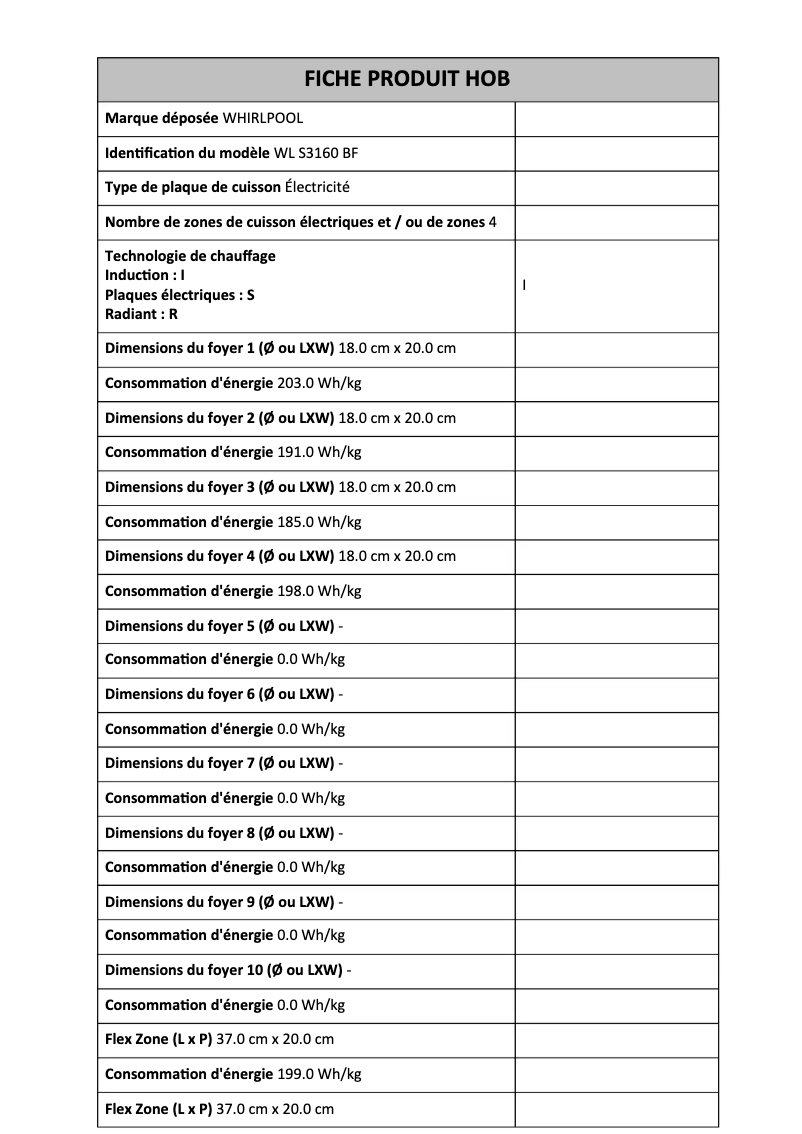 Page 1 de la notice Fiche technique Whirlpool WL S3160 BF