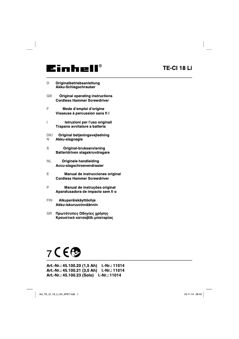 Page 1 of the manual User Manual Einhell TE-CI 18 Li