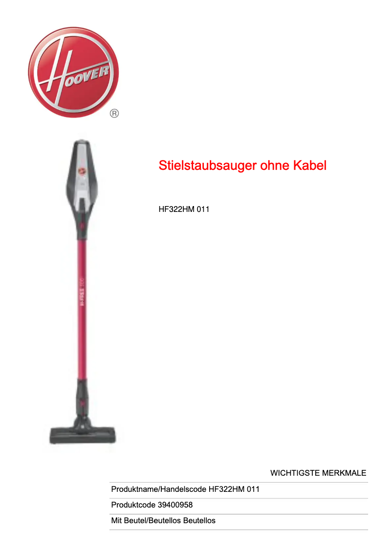 First page image of the manual for H-FREE 300 HF322PT 001