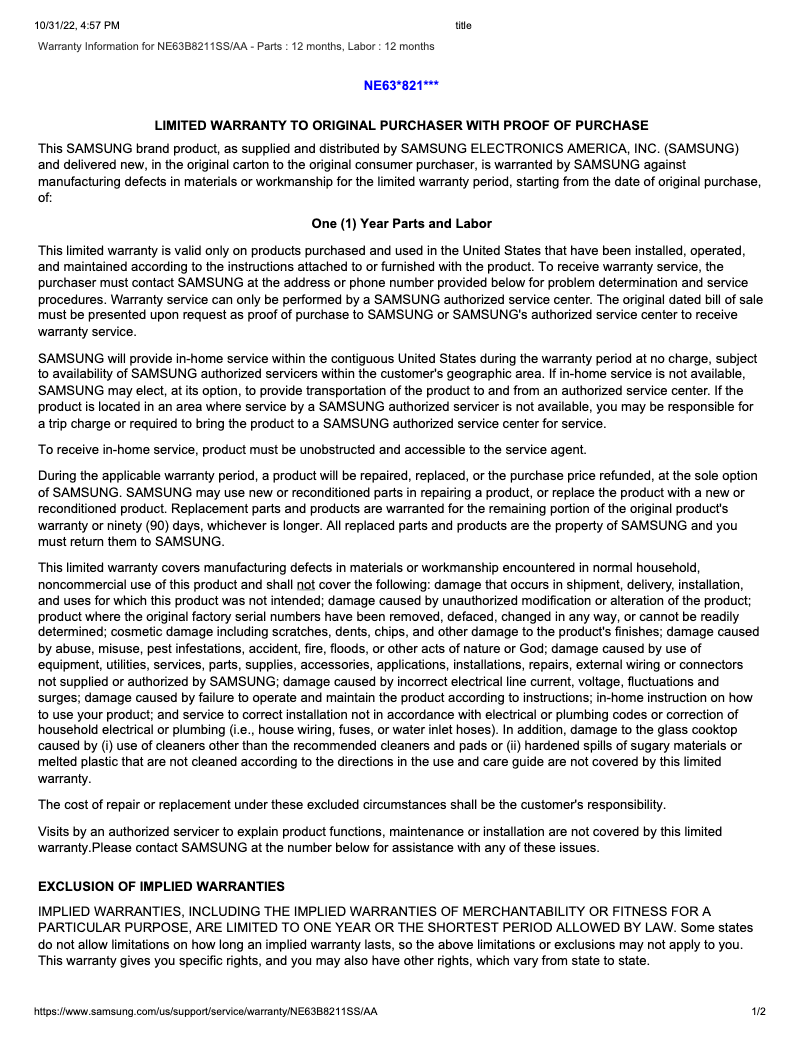 First page image of the manual for NE63B8211SS