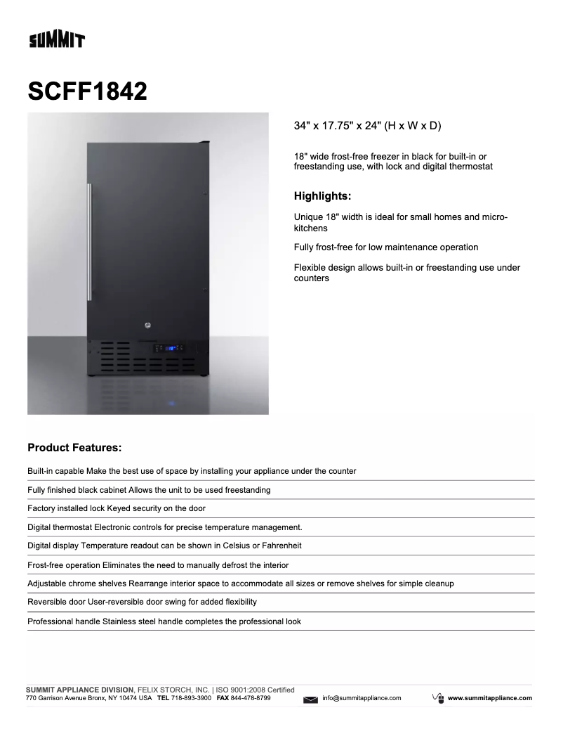Page 1 of the manual Technical Sheet Summit SCFF1842