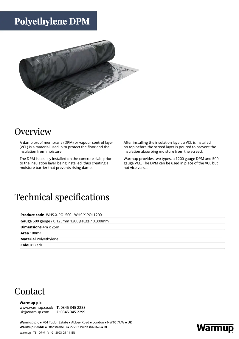 Page 1 of the manual Technical Sheet Warmup Metro