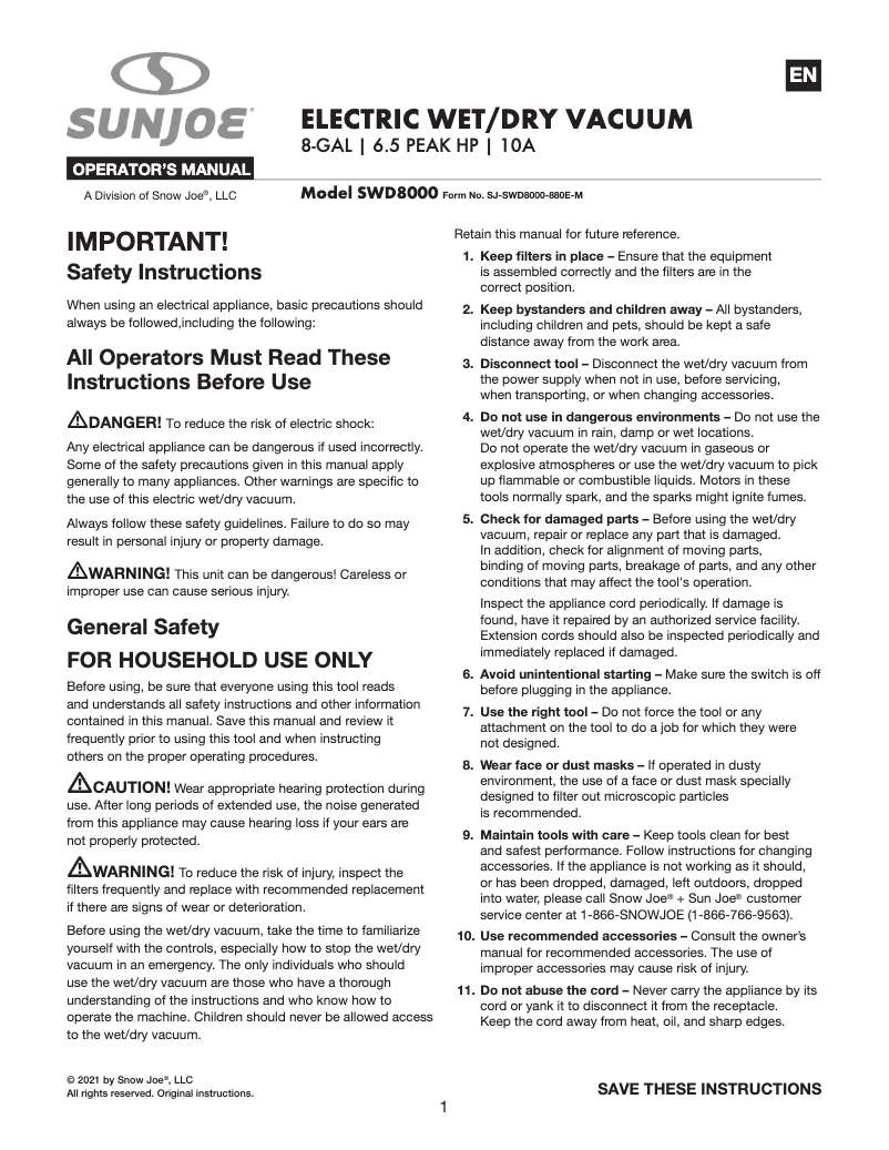 Page 1 of the manual User Manual Sun Joe SWD8000