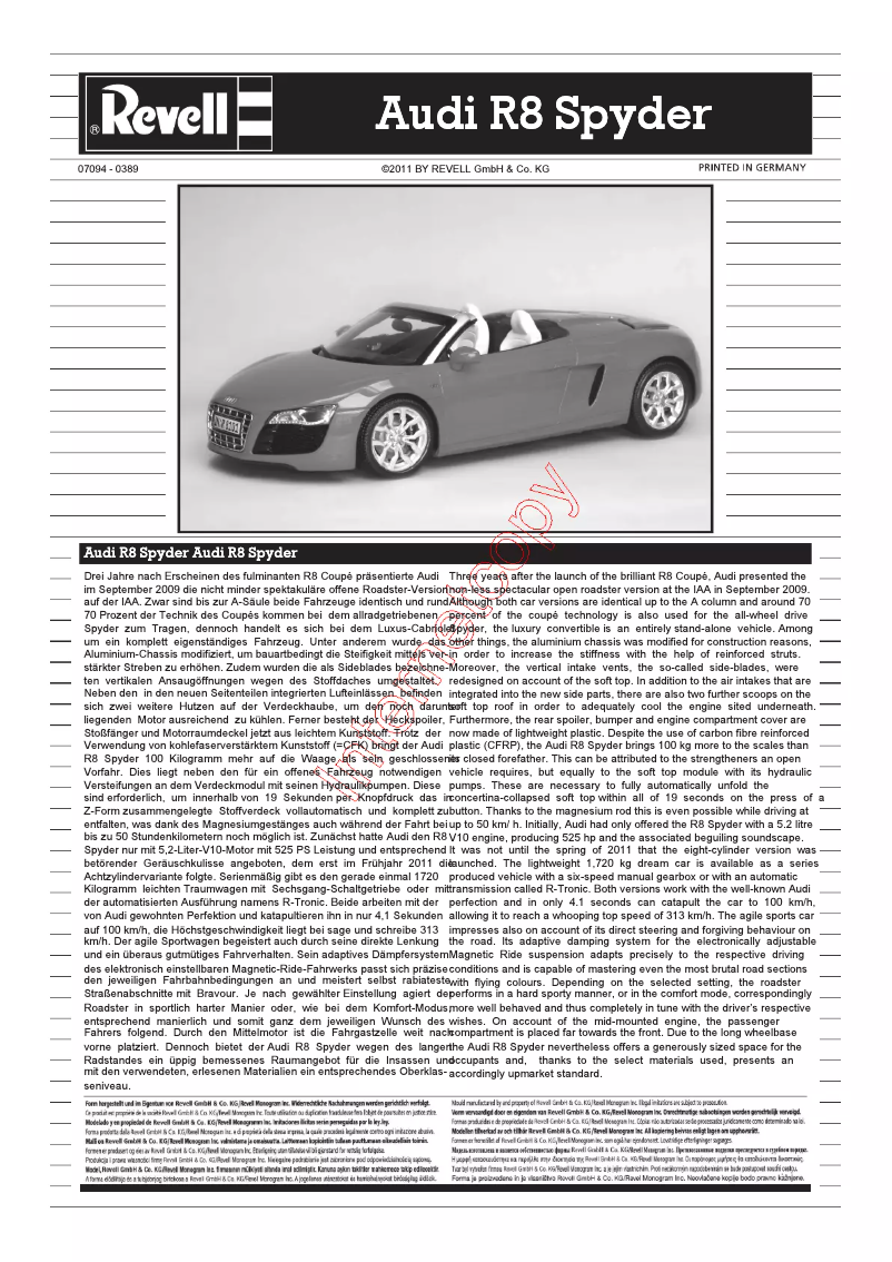First page image of the manual for AUDI R8 SPYDER