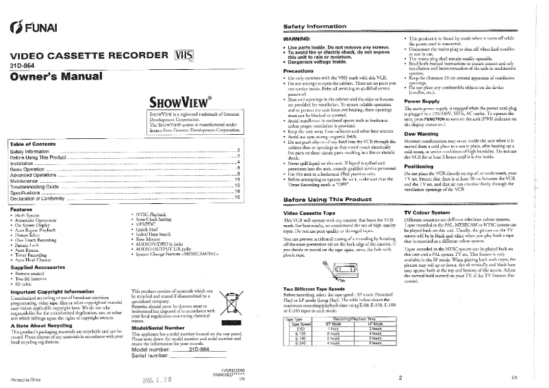 Page 1 of the manual User Manual Funai 31D864