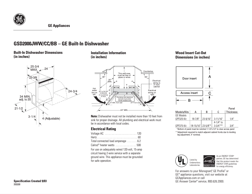 Page 1 of the manual Technical Sheet GE GSD2000JBB