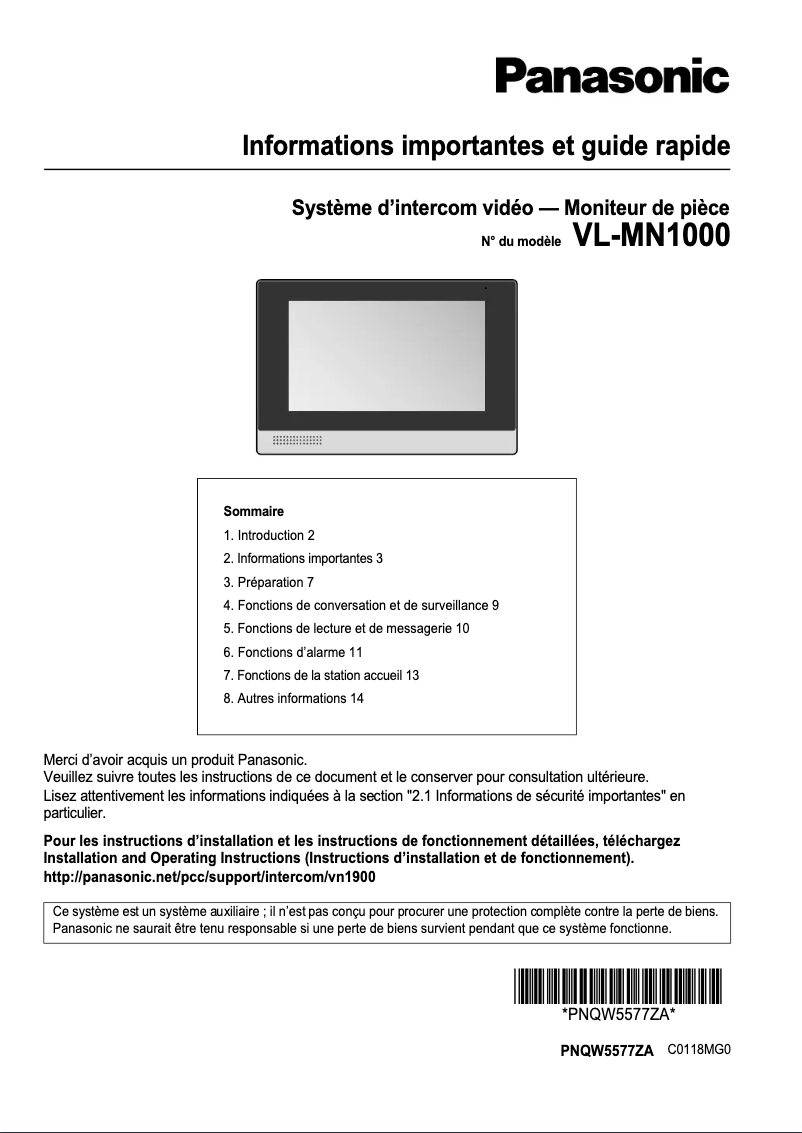 Page 1 of the manual User Manual Panasonic VL-MN1000