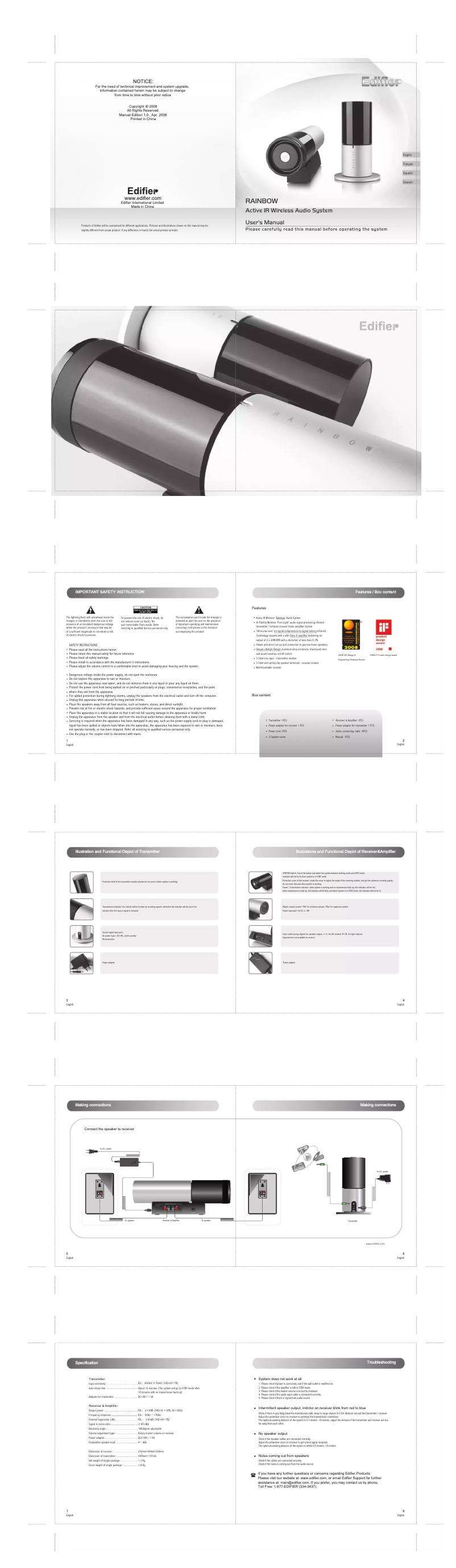 Page 1 of the manual User Manual Edifier Rainbow
