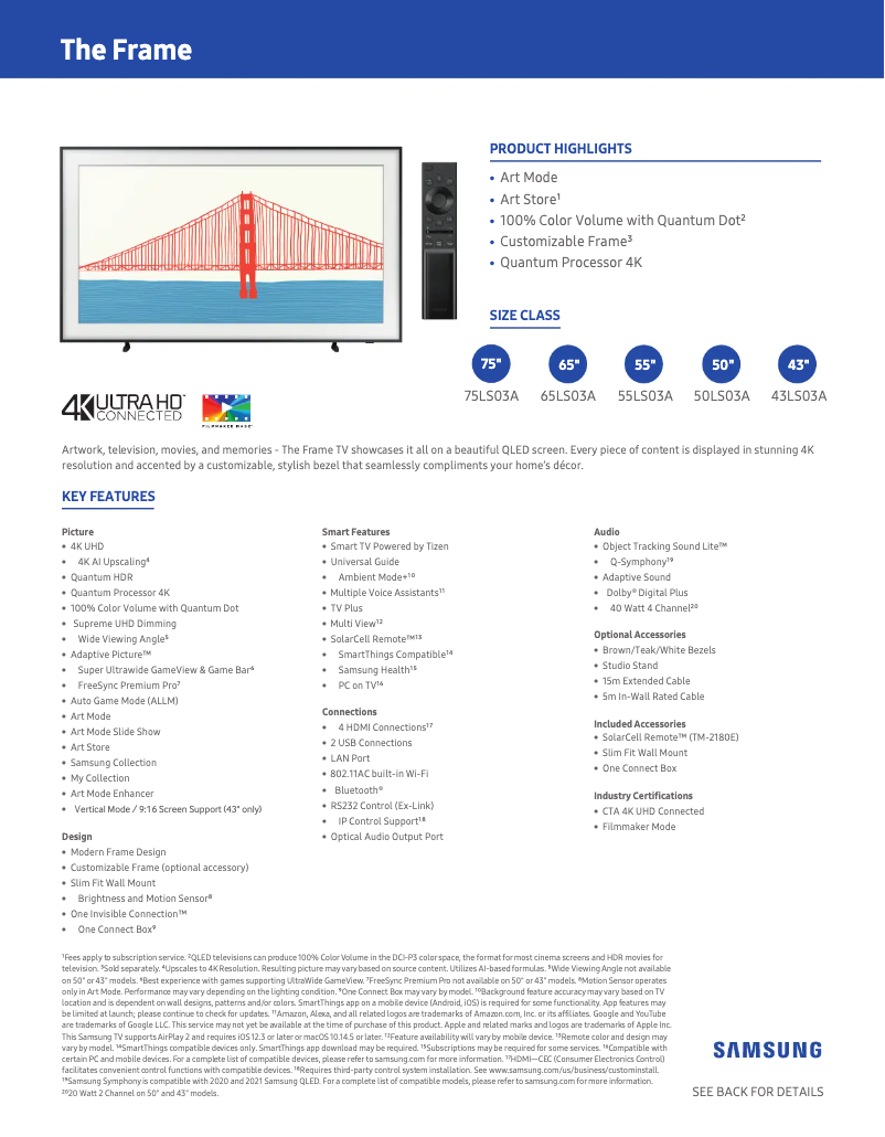Page 1 of the manual Technical Sheet Samsung QN55LS03AAFXZA