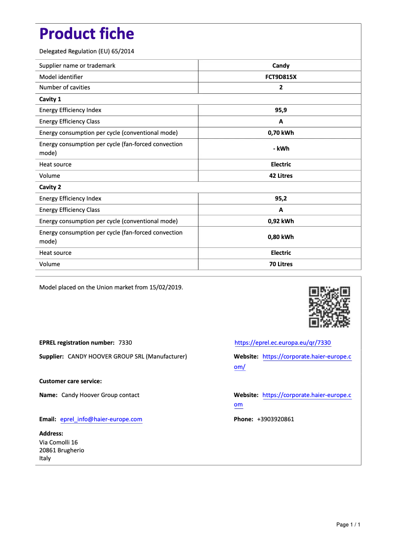 First page image of the manual for FCT9D815X