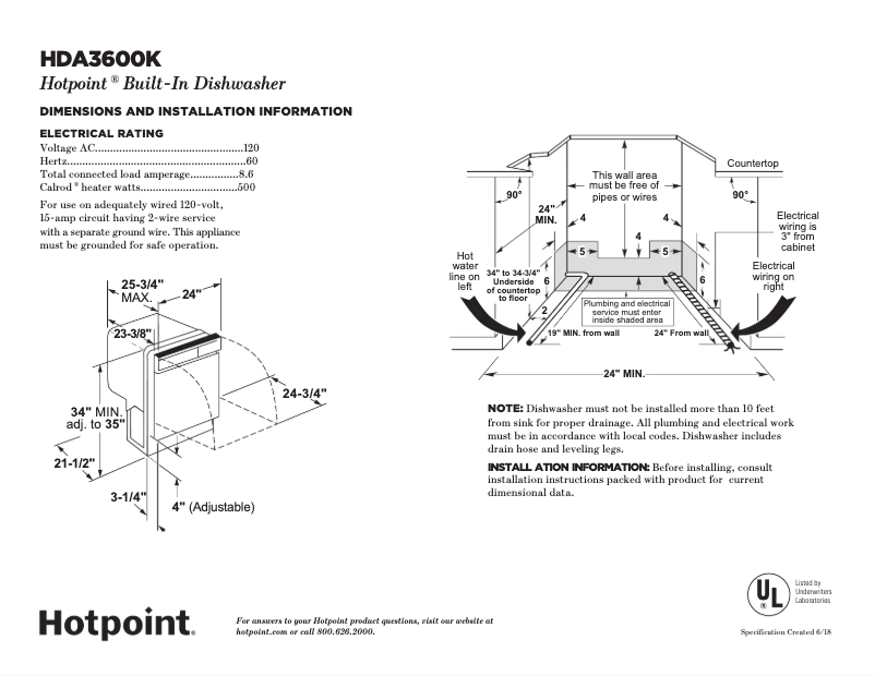 Page 1 of the manual Technical Sheet Hotpoint HDA3600KWW