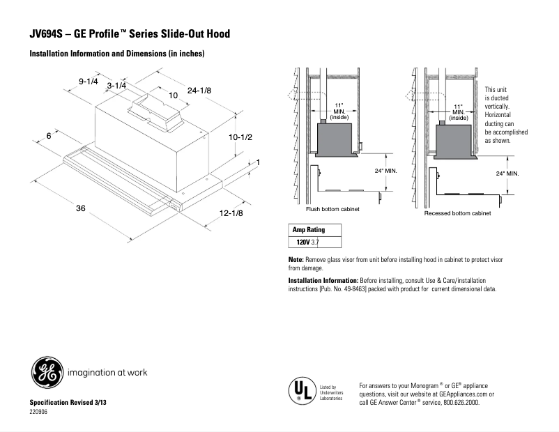 Page 1 of the manual Technical Sheet GE JV694SBB