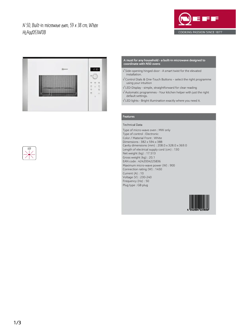 Page 1 of the manual Technical Sheet Neff HLAWD53W0B