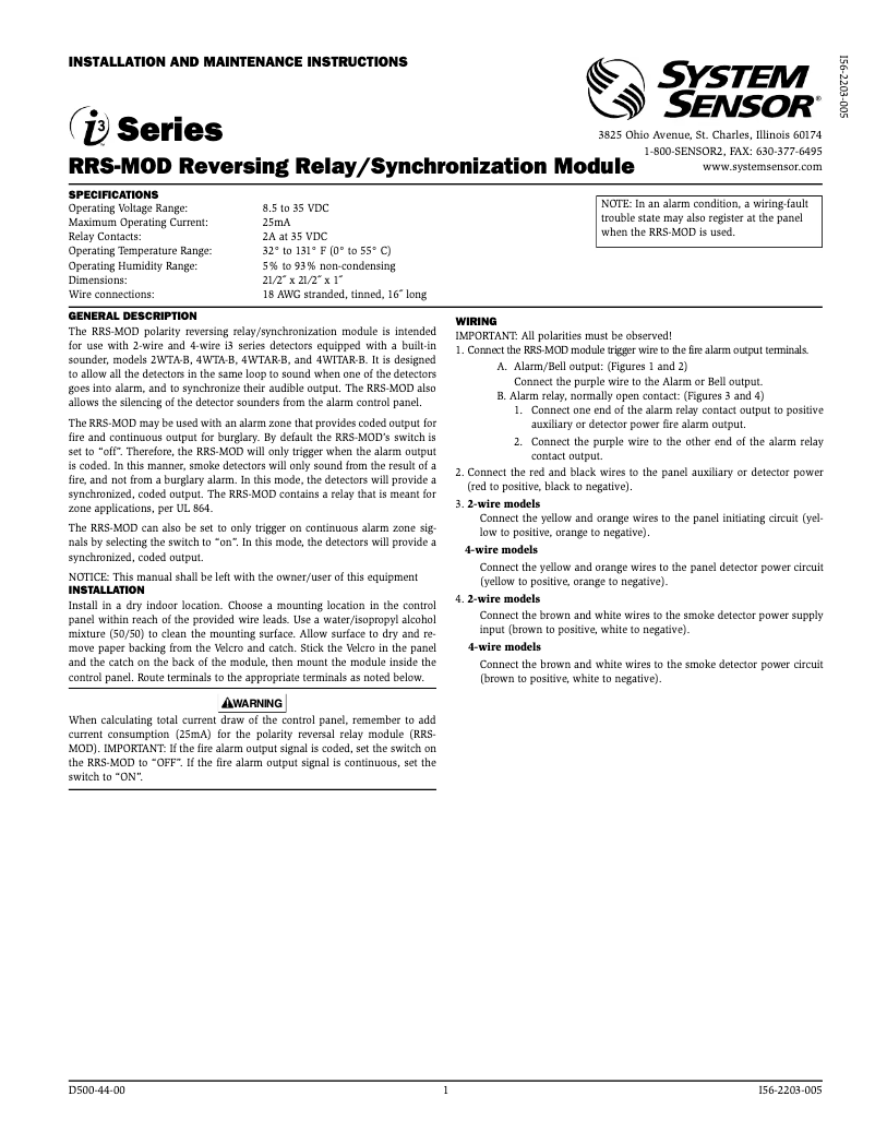 Page 1 of the manual User Manual System Sensor RRS-MOD