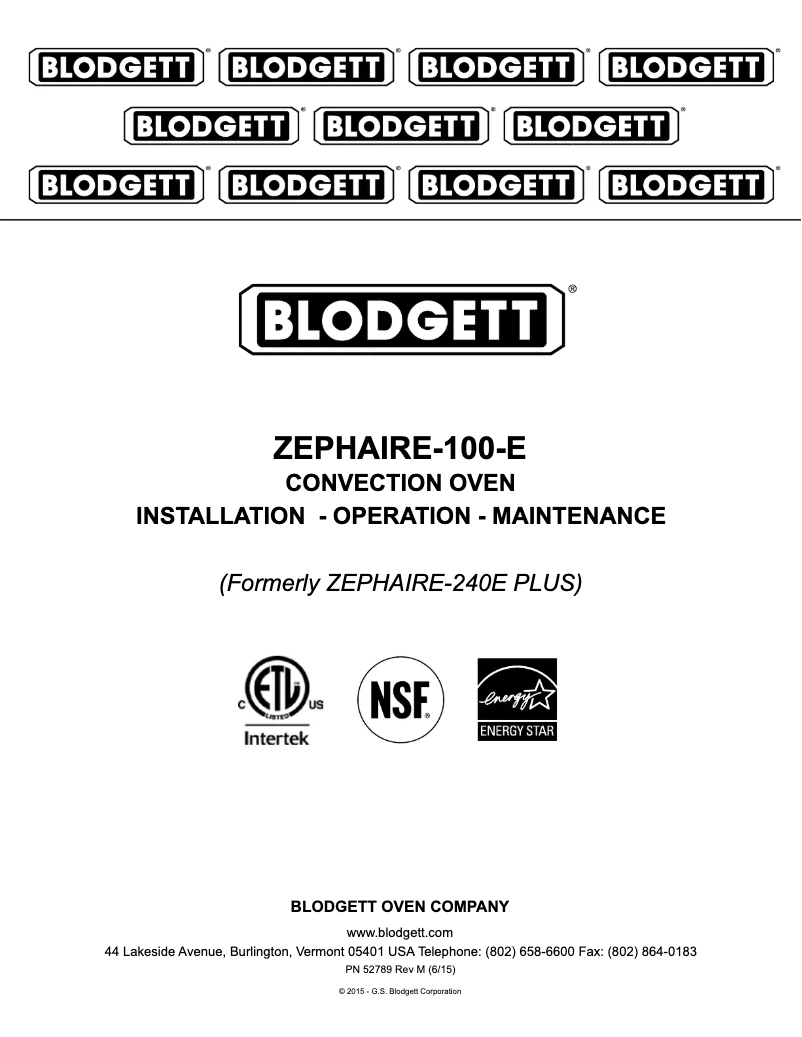Page 1 of the manual User Manual Blodgett ZEPHAIRE-100-E