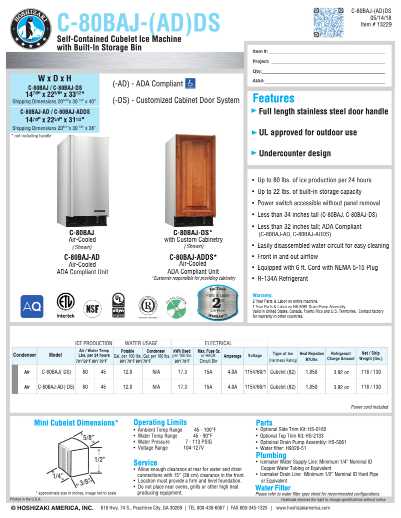 Page 1 of the manual Technical Sheet Hoshizaki C-80BAJ-AD
