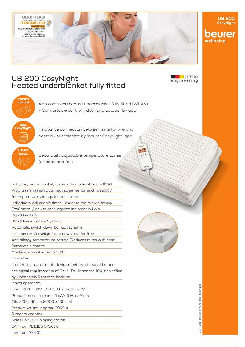 Page 1 of the manual Technical Sheet Beurer UB 200 CosyNight