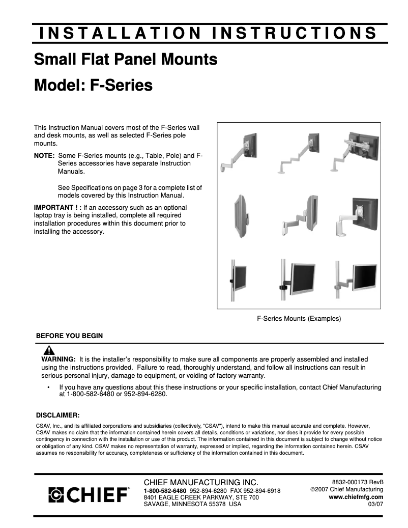 Page 1 of the manual User Manual Chief FWS110B