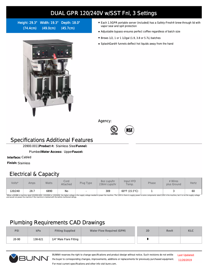 Page 1 of the manual Technical Sheet Bunn Dual