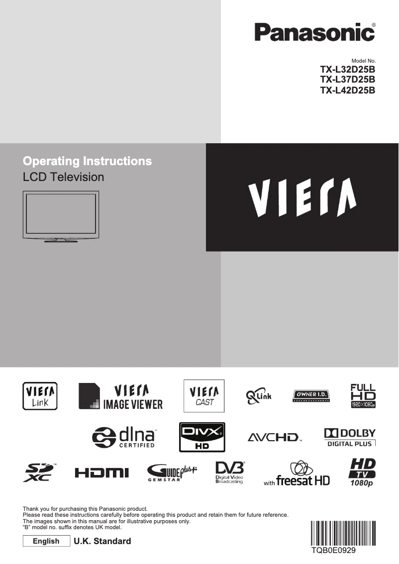 First page image of the manual for Viera TX-L37D25B