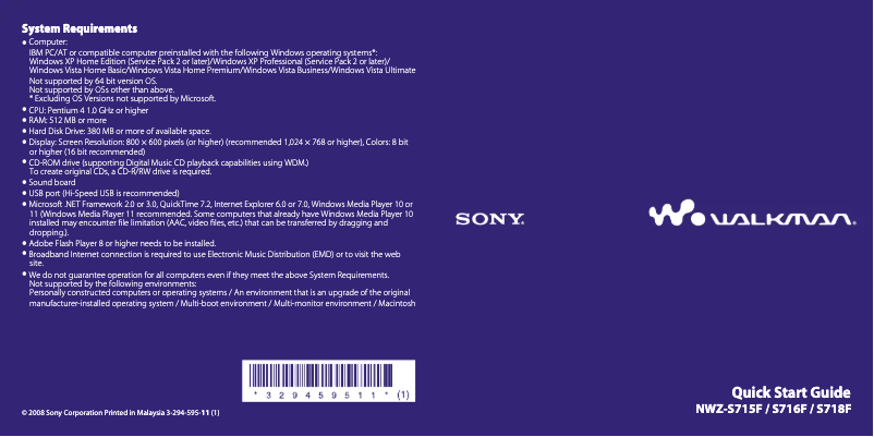 Page 1 of the manual Installation Guide Sony Walkman NWZ-S716F