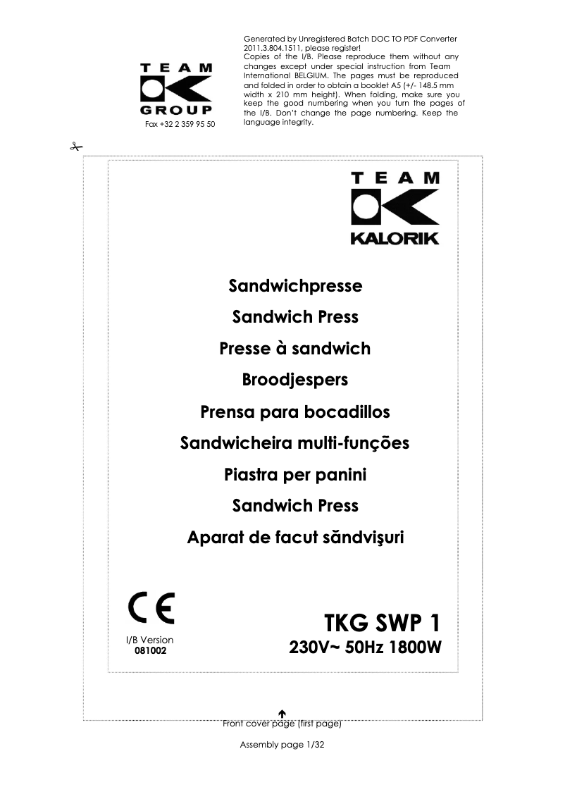 First page image of the manual for TKG SWP 1