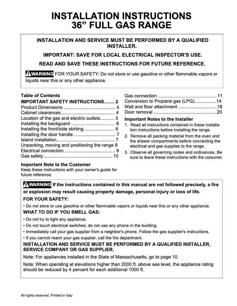 Page 1 of the manual Installation Guide Frigidaire PCFG3670AF