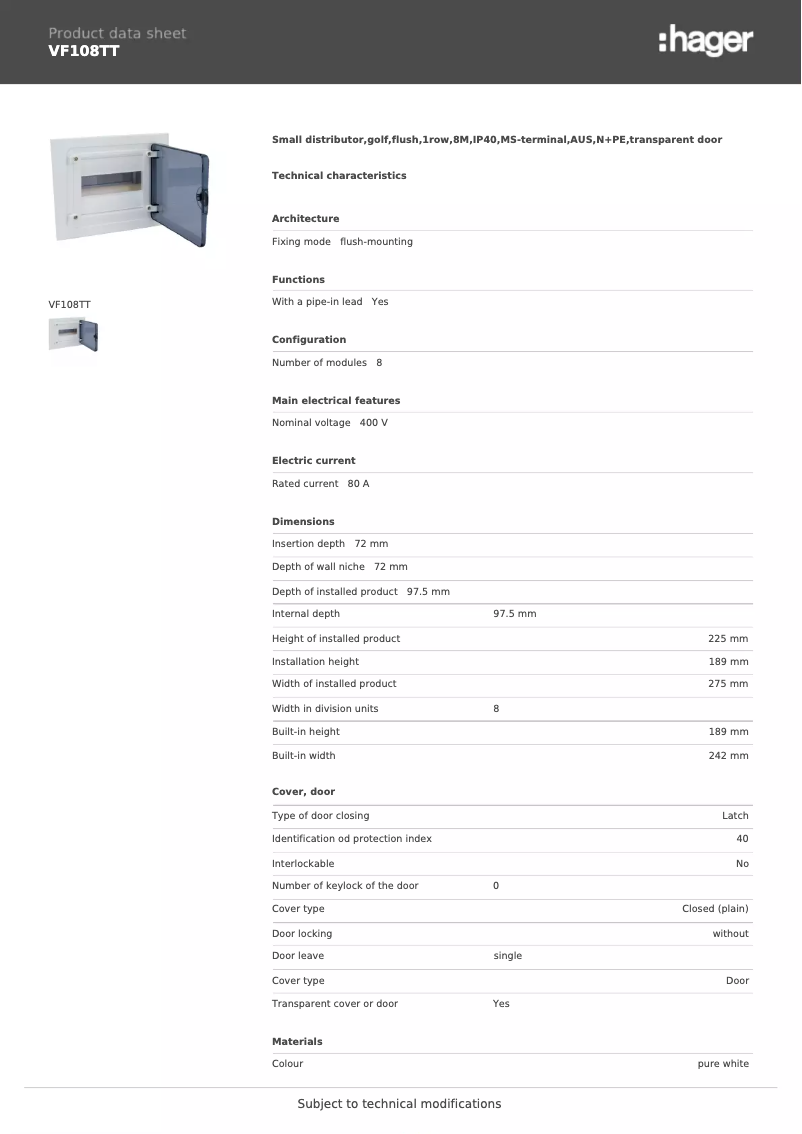 Page 1 of the manual Technical Sheet Hager VF108TT