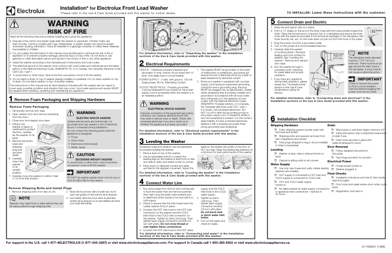 Page 1 of the manual Installation Guide Electrolux ELFW7537AT