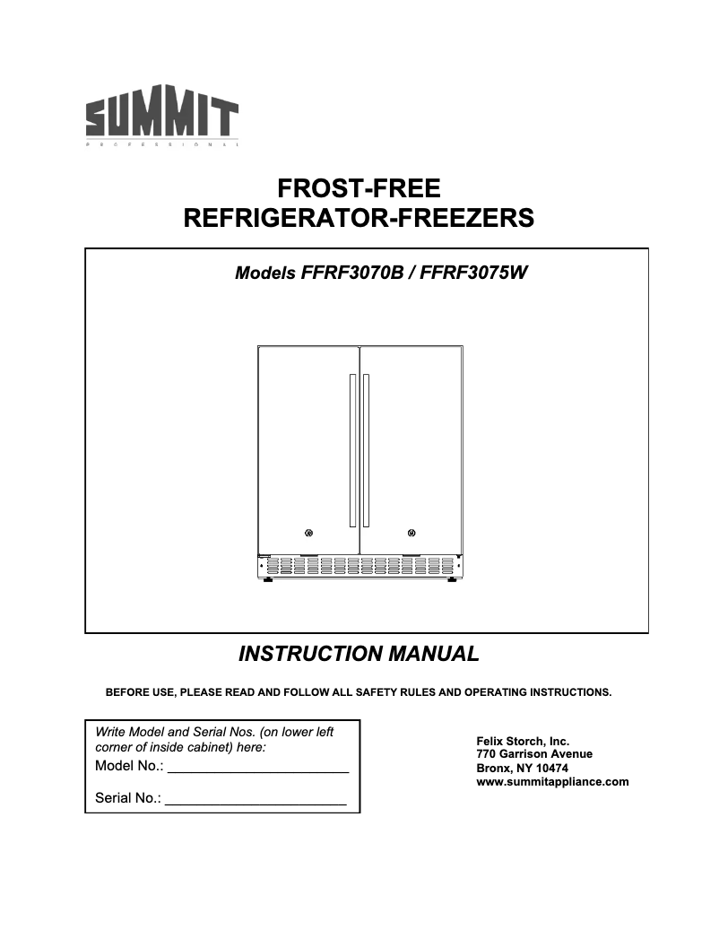 Page 1 of the manual Installation Guide Summit FFRF3070B