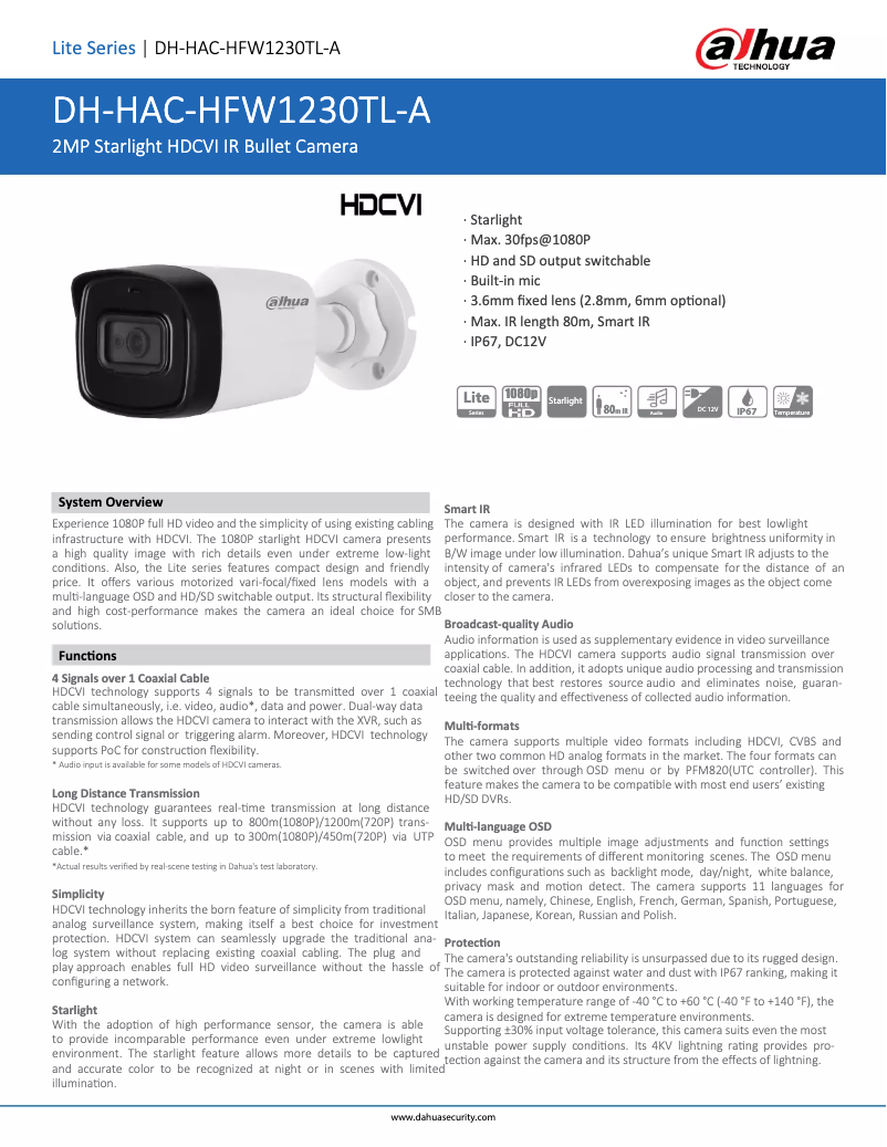 Page 1 de la notice Fiche technique Dahua Technology HAC-HFW1230TL-A