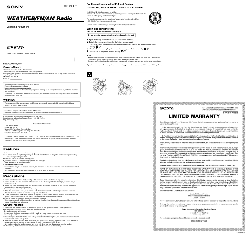 First page image of the manual for ICF-B05W