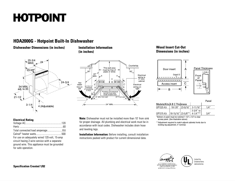 Page 1 of the manual Technical Sheet Hotpoint HDA2000GWW