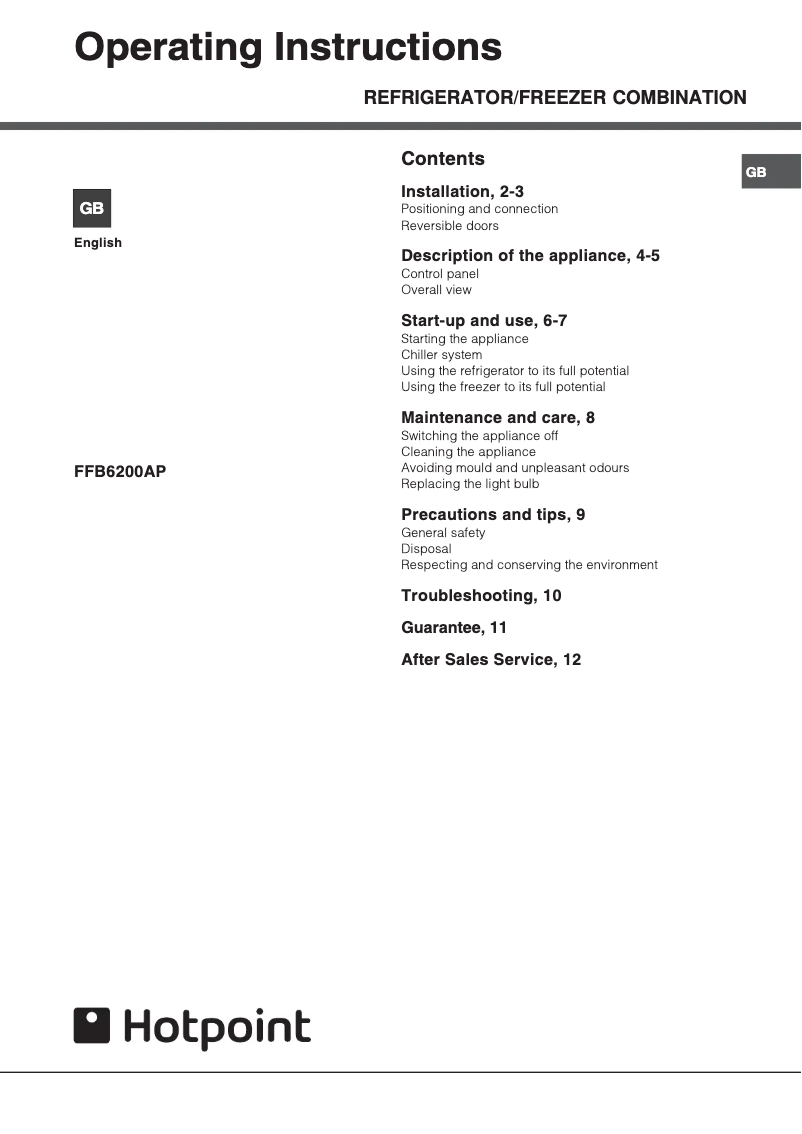 First page image of the manual for FFB6200AP