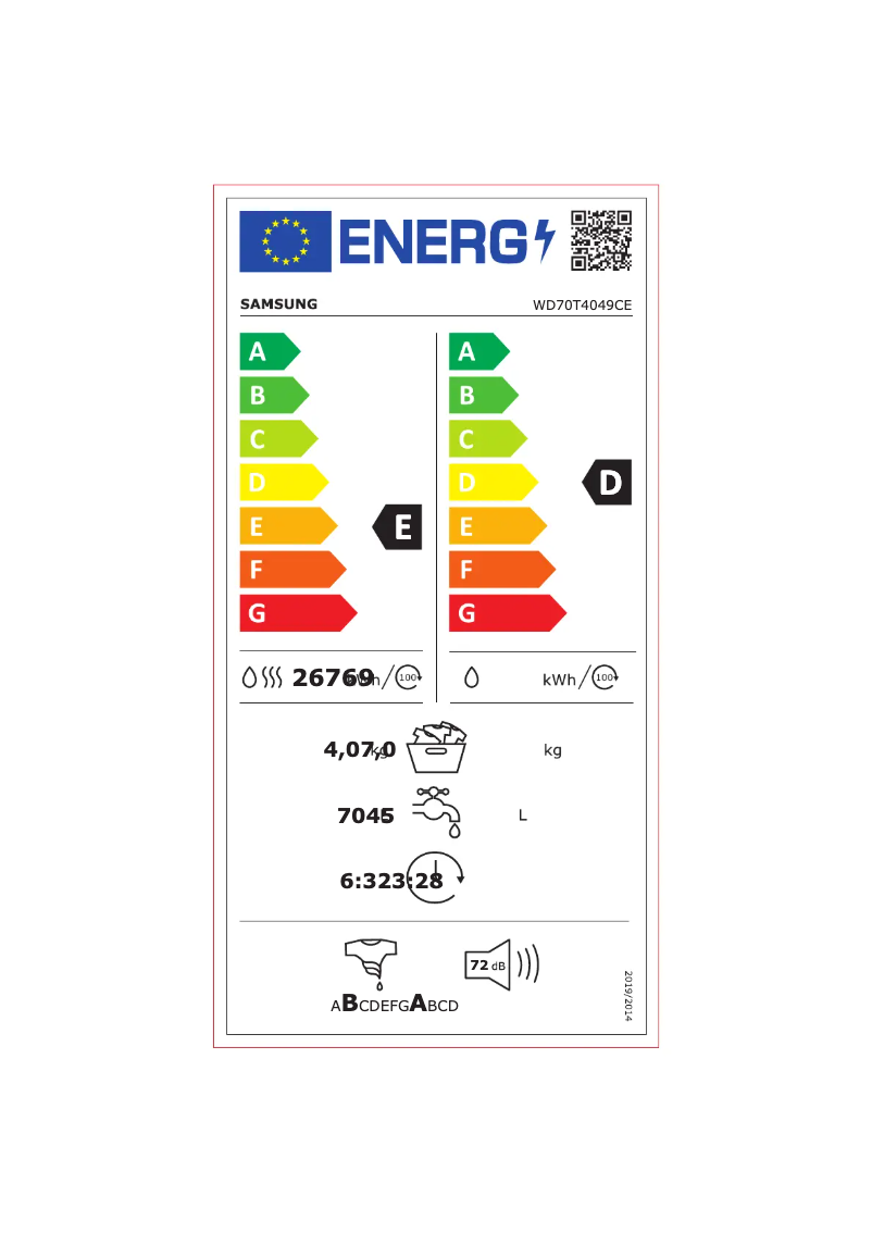 Page 1 of the manual Energy Label Samsung WD70T4049CE