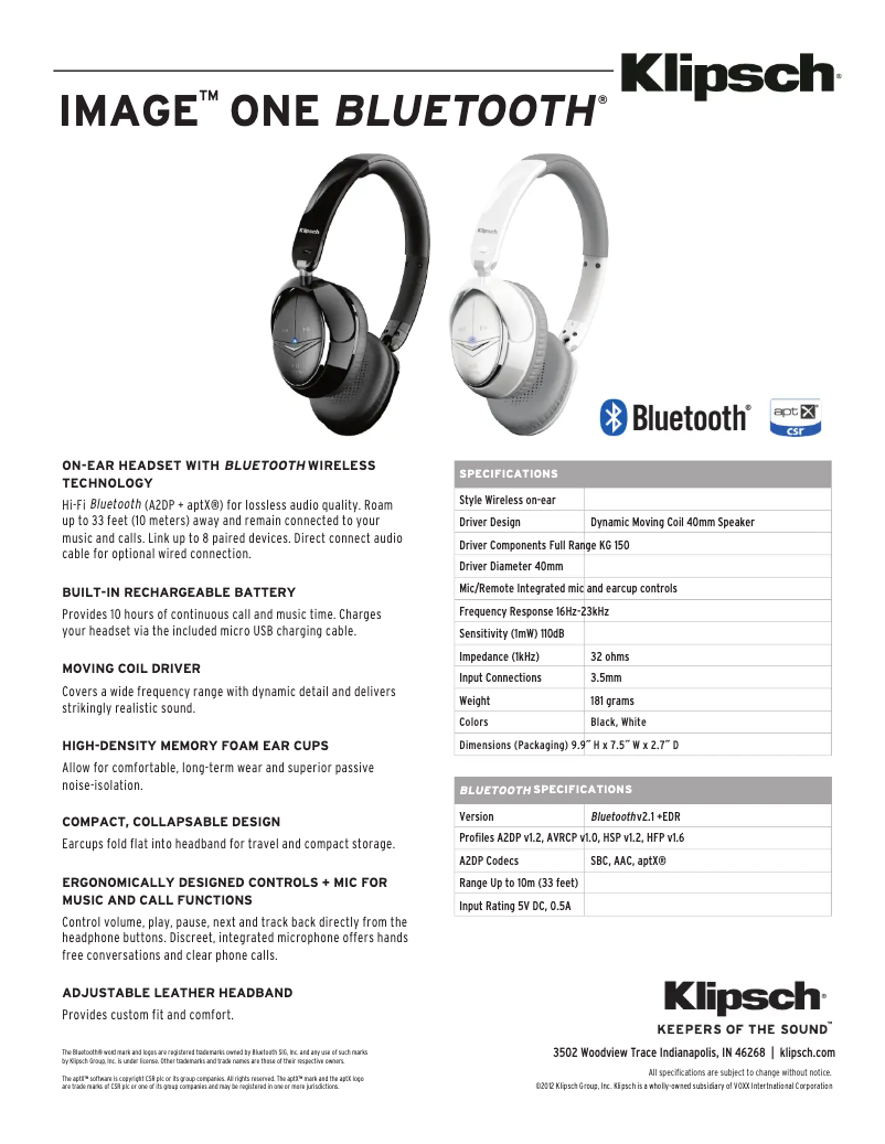 Page 1 of the manual Technical Sheet Klipsch Image ONE