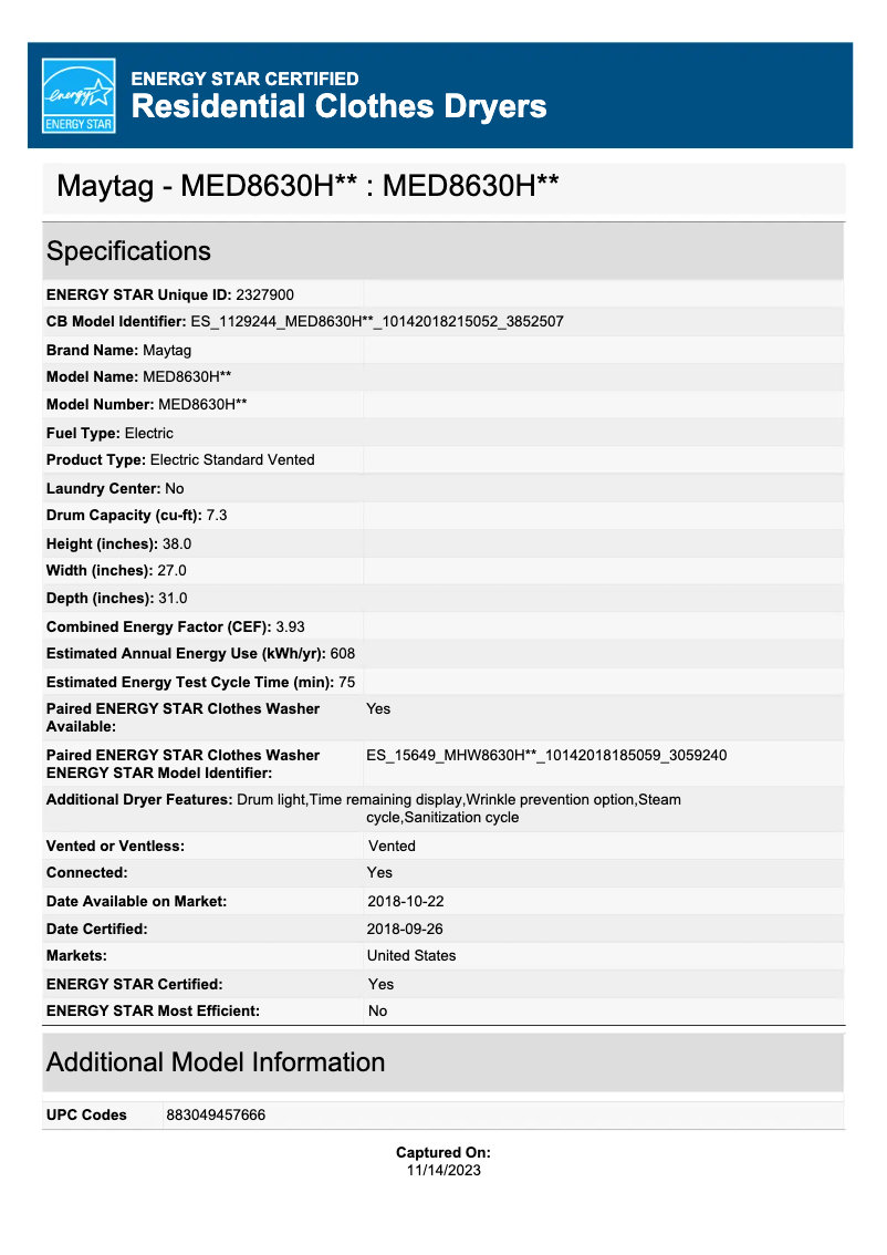 Page 1 of the manual Energy Label Maytag MED8630HW