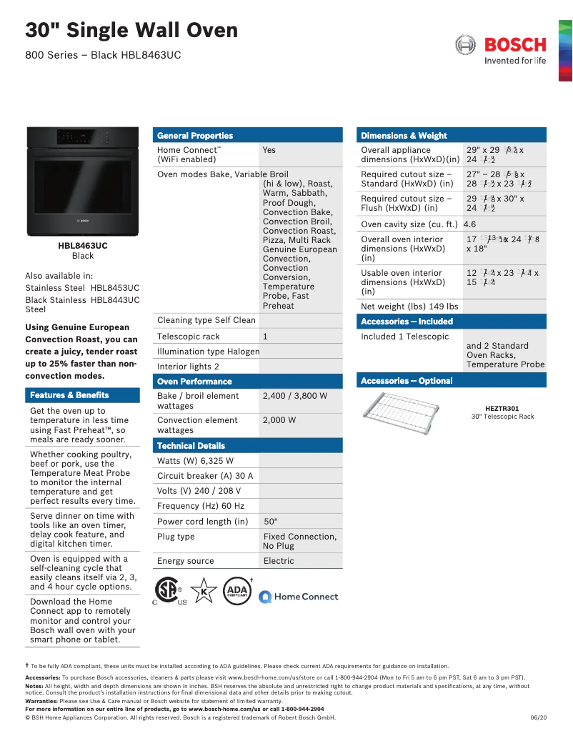 Page 1 of the manual Technical Sheet Bosch HBL8463UC
