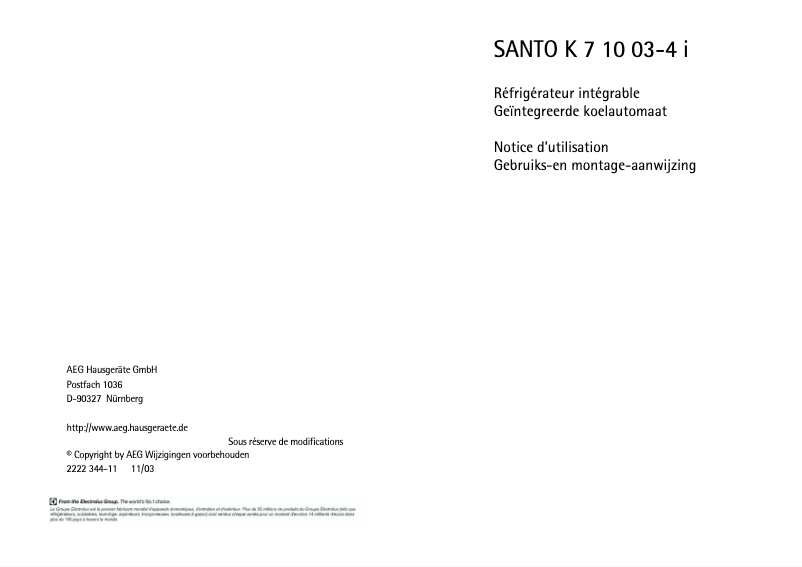 Page 1 de la notice Manuel utilisateur AEG-Electrolux Santo SK 71003 I